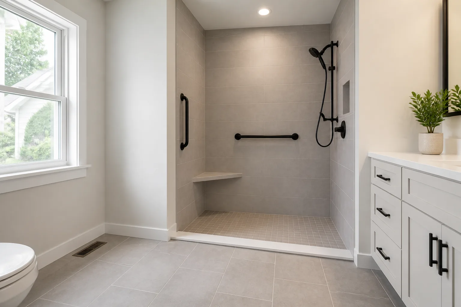 Low-threshold tiled shower with matte black grab bars, handheld shower, and clear floor area