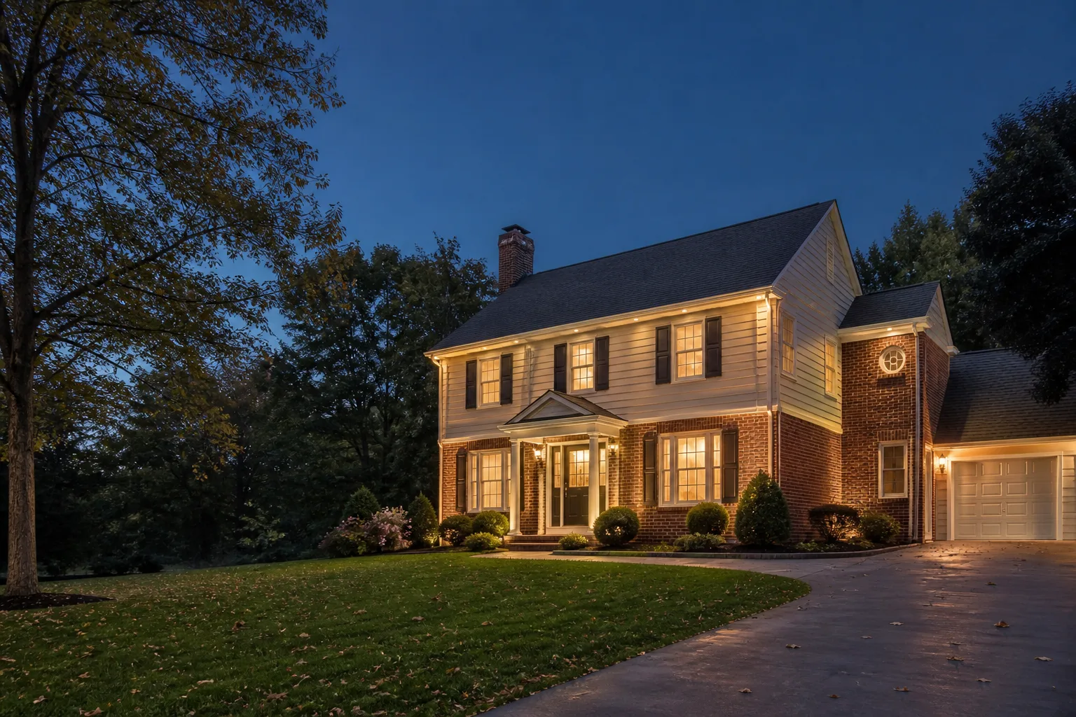 Brick and light-siding Canfield-style home with understated warm roofline lighting at dusk