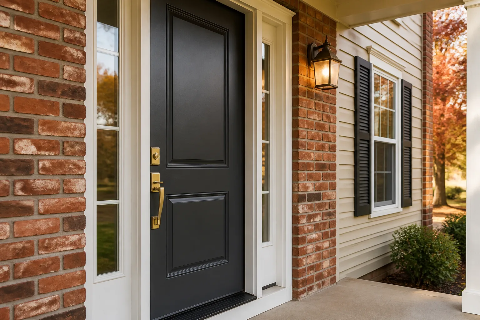 Charcoal entry door with finished brass handle and deadbolt in clean white trim