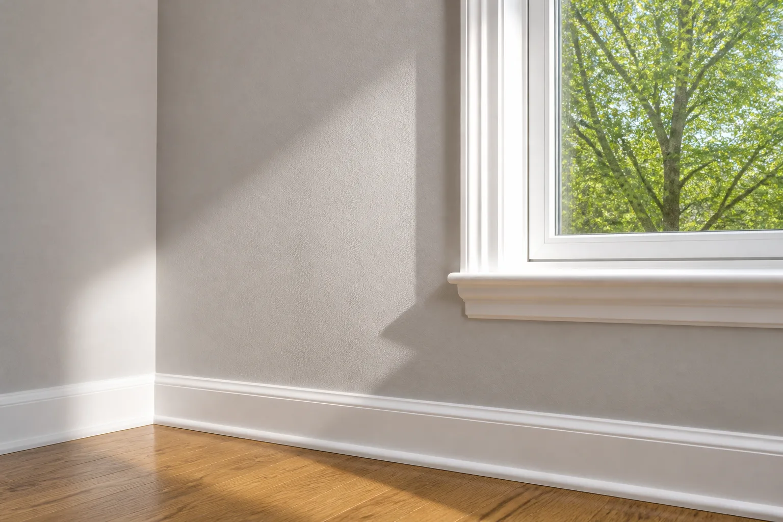 Smooth gray wall, crisp white window casing and baseboard, and clean caulk lines