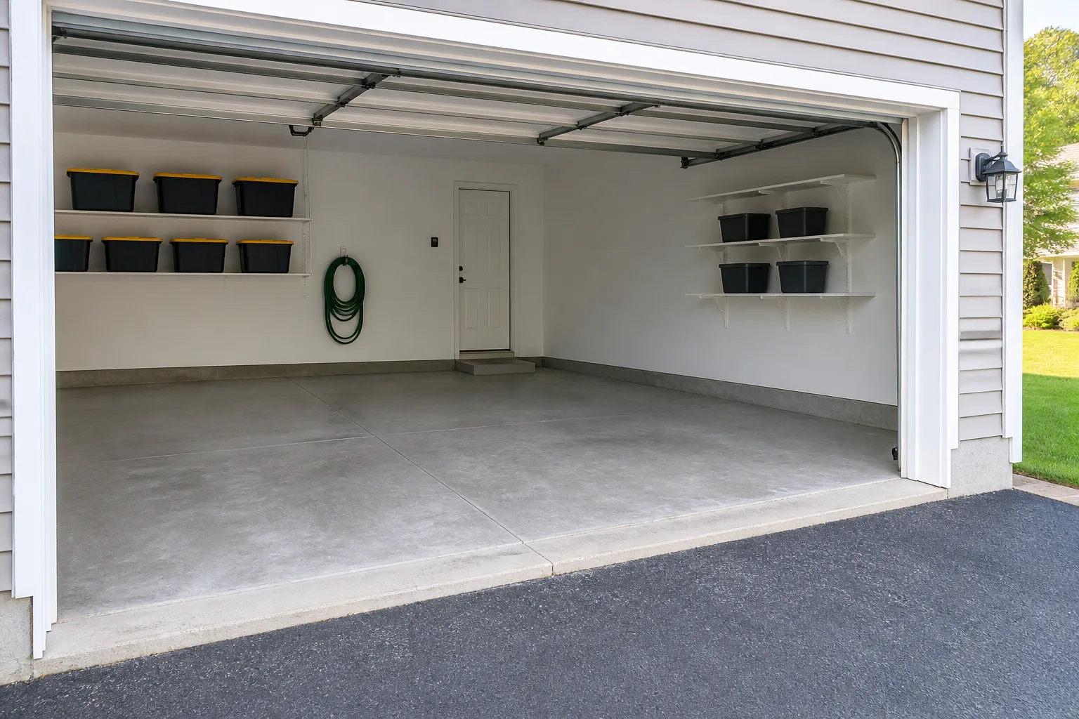 Swept two-car garage with clear parking bays and neatly arranged storage bins