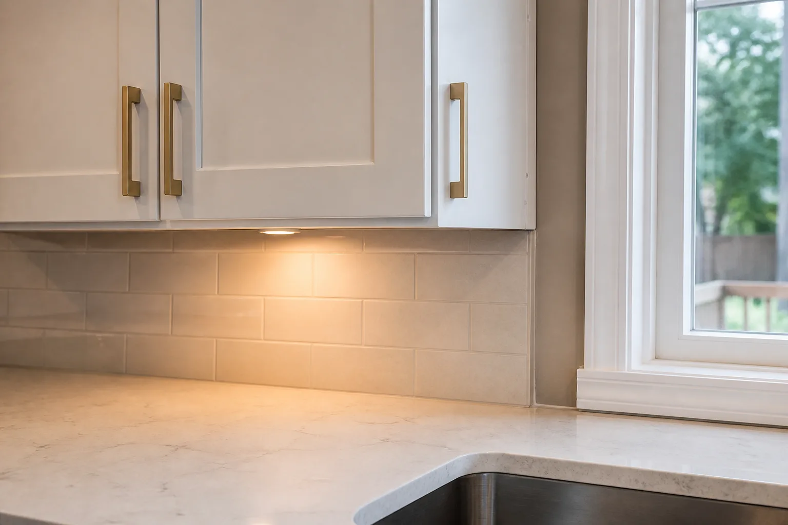 Aligned white kitchen cabinets, brass hardware, clean counter, and finished window trim