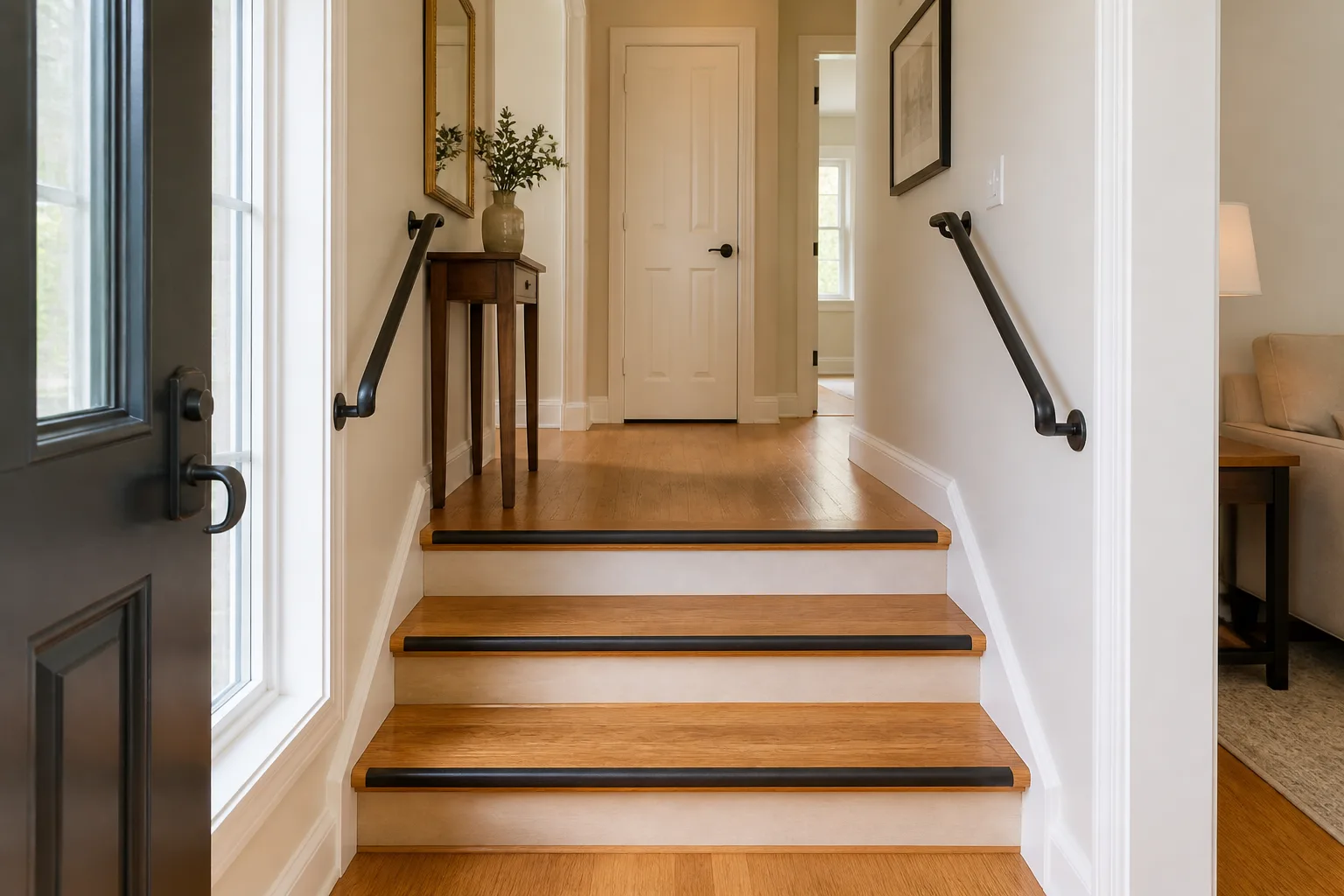 Three hardwood entry steps with dual black handrails and contrasting stair edges