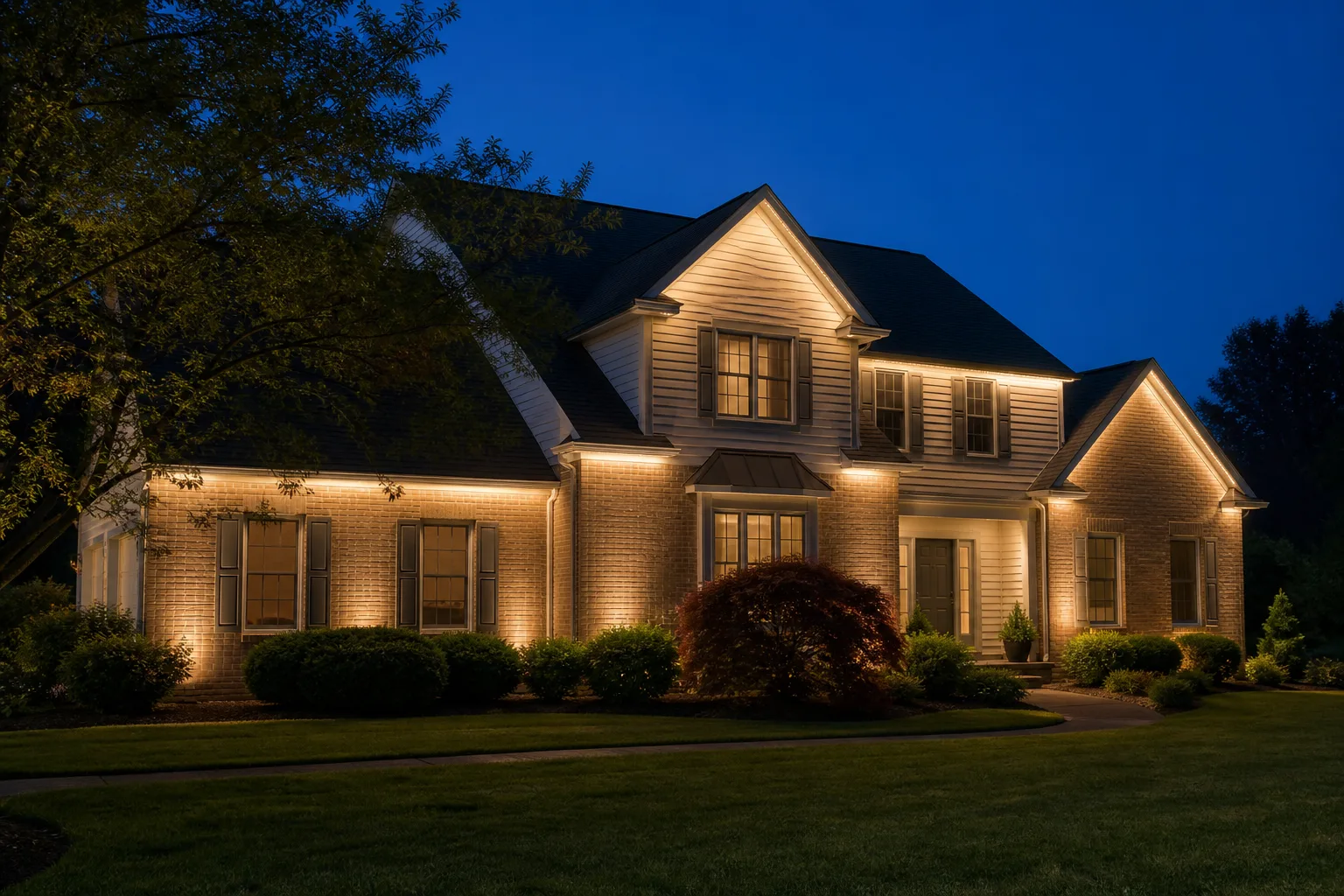 Brick and siding home with even warm-white architectural lighting at blue hour