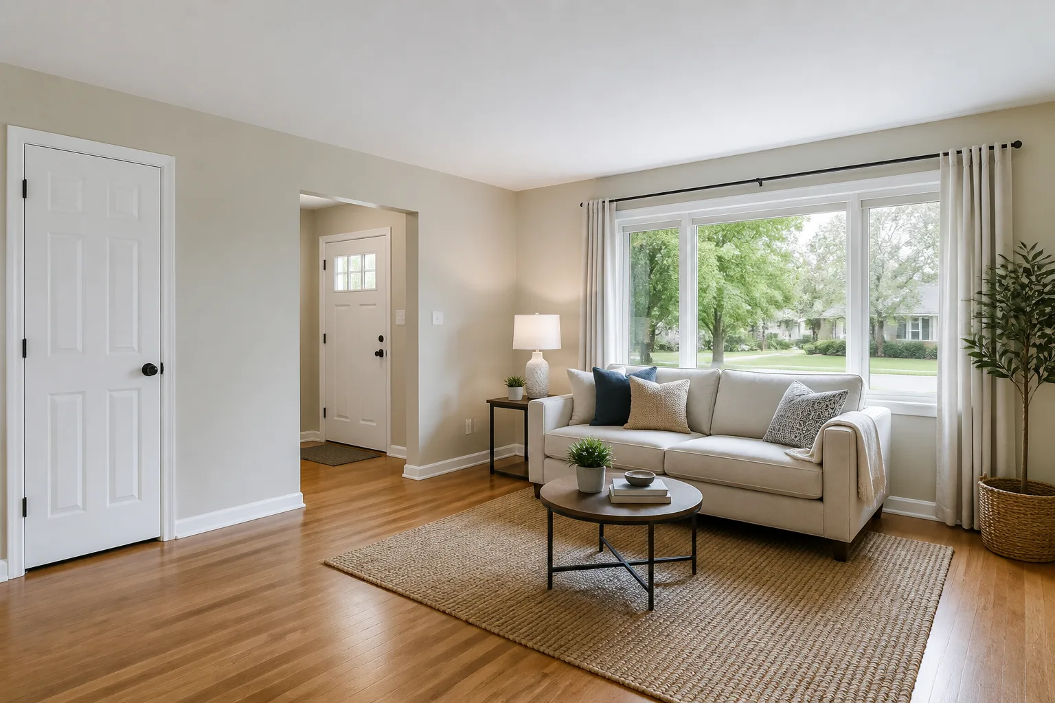 Bright neutral living room with clean trim, aligned hardware, and simple market-ready staging