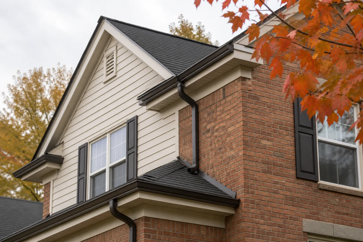 Clean gutter, downspout, soffit, siding, and roofline beside autumn maple leaves