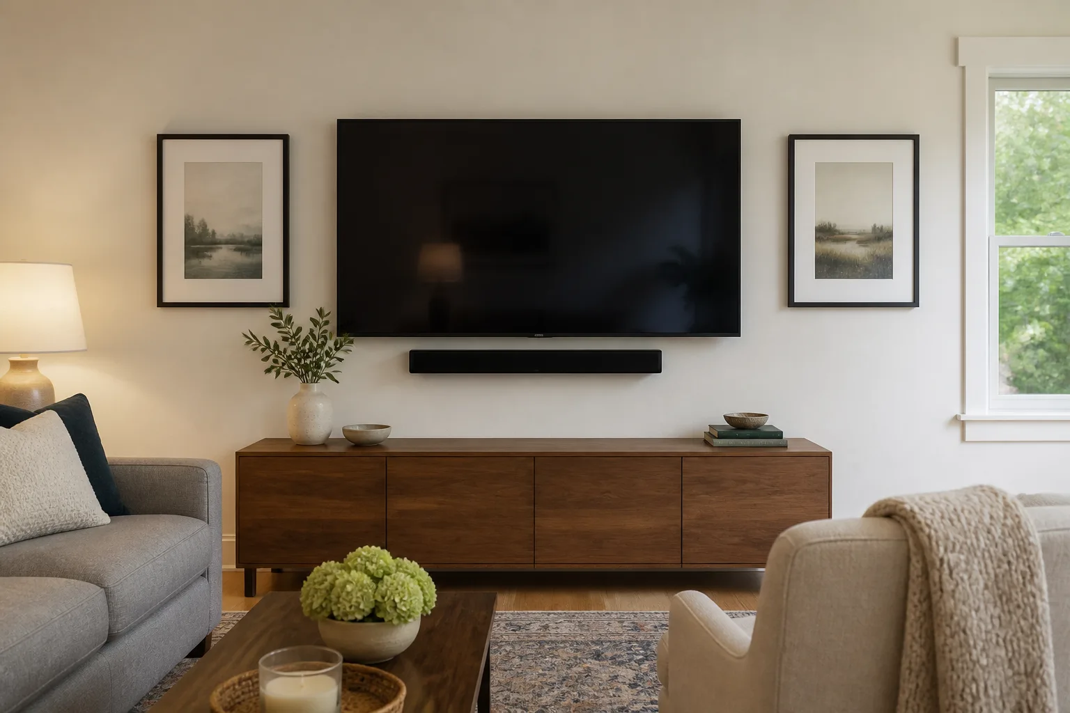 Level wall-mounted television and soundbar with concealed cables above a walnut console