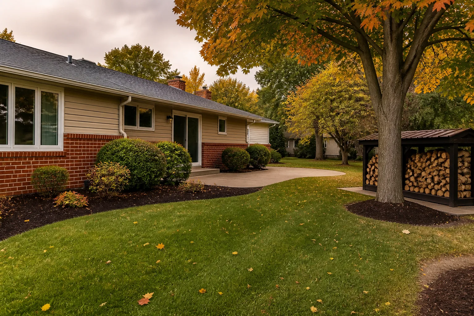 Tidy brick and siding ranch yard with edged lawn, mulched beds, clean patio, and stacked firewood